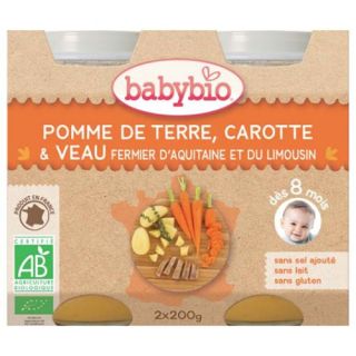 BabyBio Piure Bio din cartofi, morcov si carne de vitel, +8luni, 2x200g
