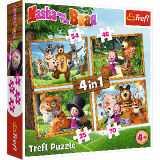 Set puzzle 4 in 1 Trefl Masha and the Bear, Aventurile lui Masha in padure, 1x35 piese, 1x48 piese, 1x54 piese, 1x70 piese