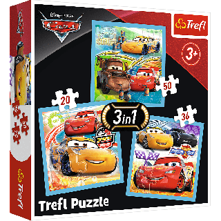 Set puzzle 3 in 1 Trefl Disney Cars, Pregatiri pentru cursa, 1x20 piese, 1x36 piese, 1x50 piese