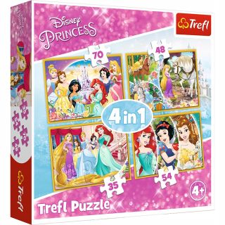 Set puzzle 4 in 1 Trefl Disney Princess, O zi fericita a Printeselor, 1x35 piese, 1x48 piese, 1x54 piese, 1x70 piese